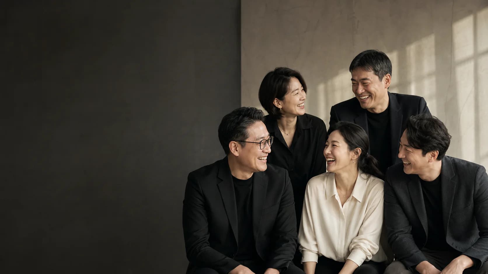 성공적인 협업을 마치고 함께 웃는 다양한 분야의 전문가들
